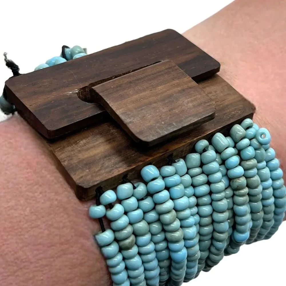 Pink House Style Stretch Bracelet Boho Glass Bead Wood Buckle New with Tag NWT